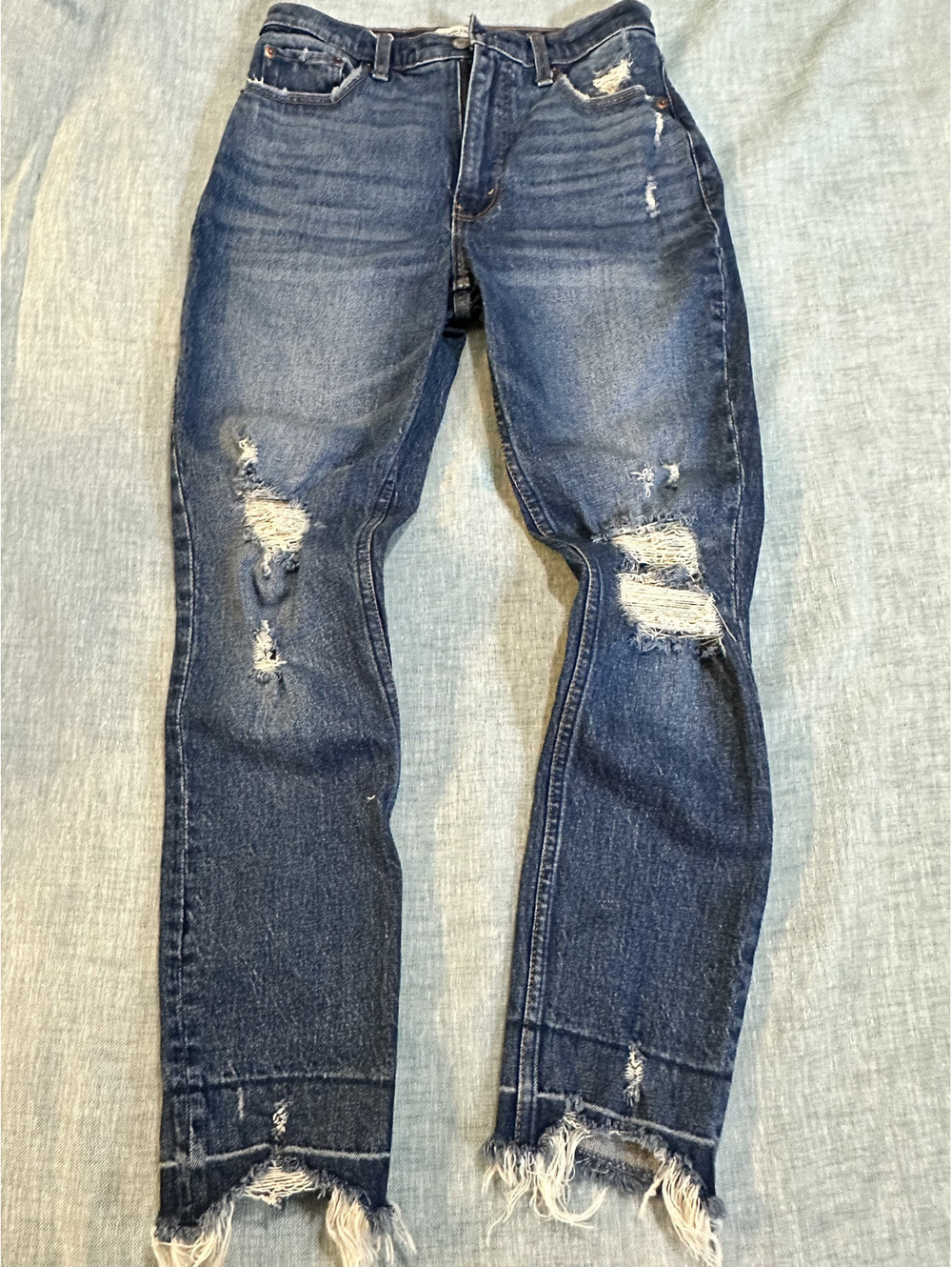 Abercrombie & Fitch High Rise Skinny Jeans Sz 26 Distressed Raw Hem Blue Denim